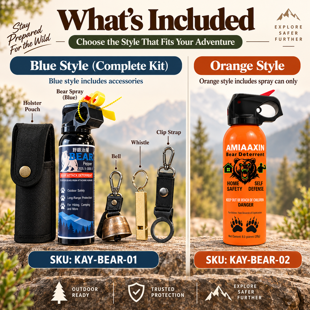 Bear Deterrent Spray for Outdoor Hiking & Camping, Portable Bear Spray with Safety Trigger, Outdoor Emergency Protection, Blue Kit with Holster or Orange Spray Only