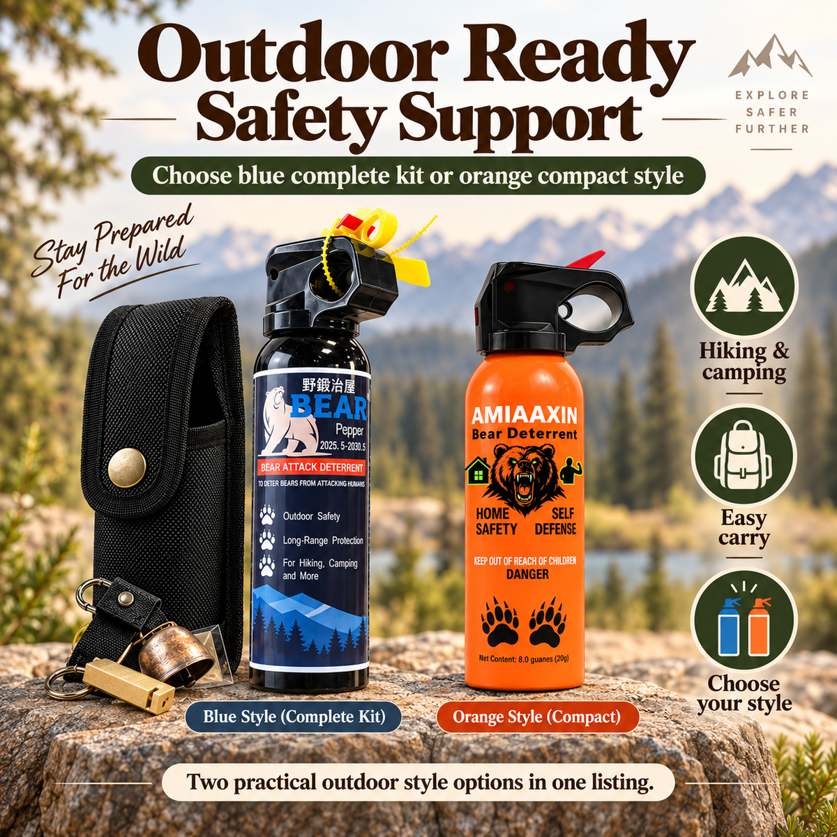 Bear Deterrent Spray for Outdoor Hiking & Camping, Portable Bear Spray with Safety Trigger, Outdoor Emergency Protection, Blue Kit with Holster or Orange Spray Only
